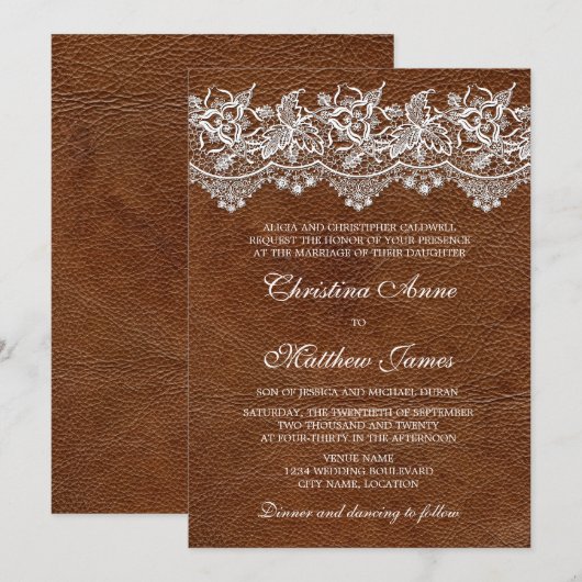 Leder- en Lace-bruiloft Kaart (Voorkant / Achterkant)