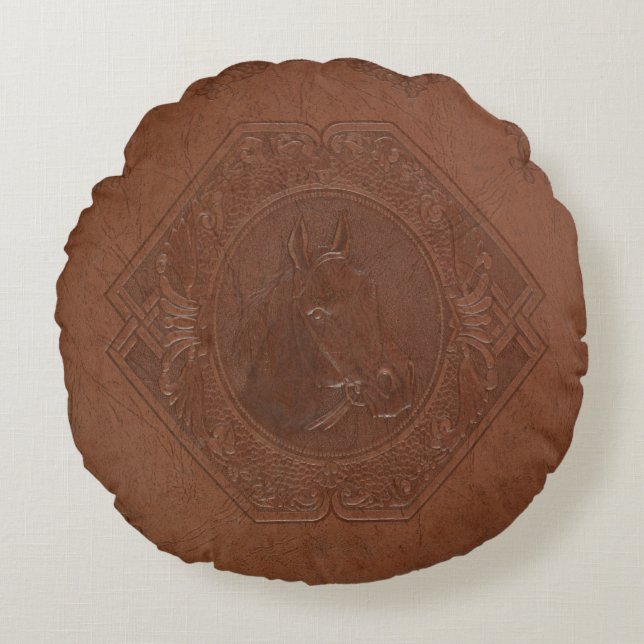  leder met bruine paardenkop rond kussen (Voorkant)