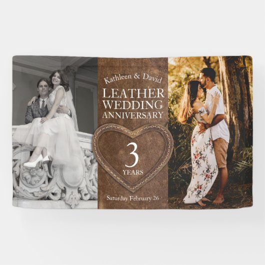 Lederen 3e bruiloft verjaardag hart partij spandoek (Horizontaal)