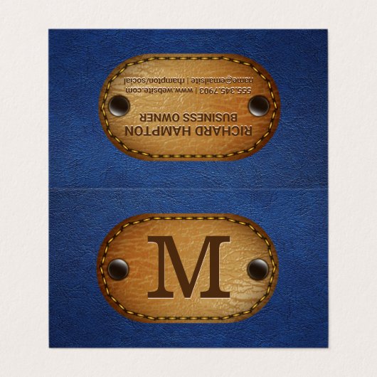 lederen monogram | Blauw leder en schuim Visitekaartjes (Buitenkant ongevouwen)