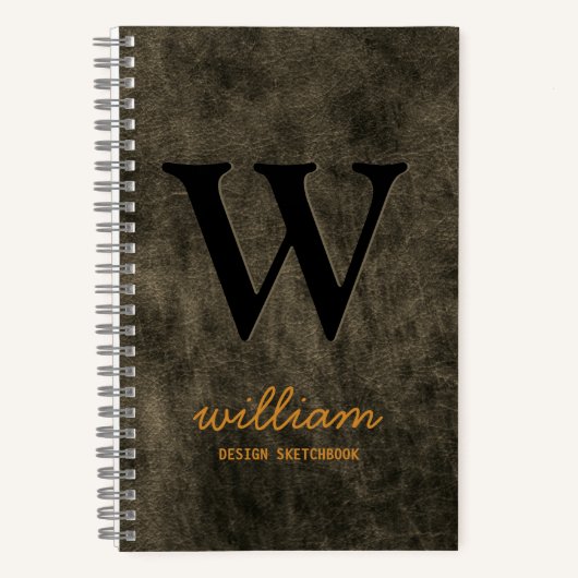 Lederen Monogram zwart goud script naam Notitieboek (Voorkant)