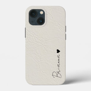 Lederen textuur ivoor minimalistisch hartscript iPhone 13 mini hoesje