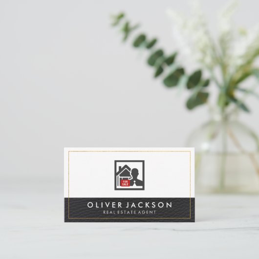 Ledervormig lux Gold Border Realtor Visitekaartje (Staand voorkant)