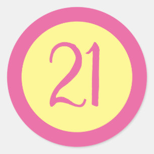 Leeftijd 21 Nummer  Roze Tekst op Geel Ronde Sticker
