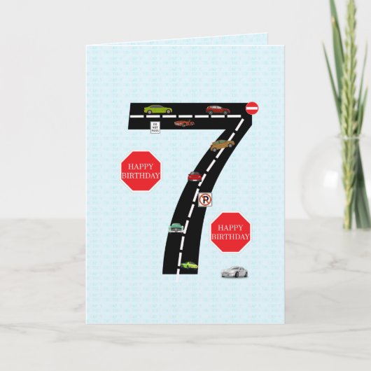 Leeftijd 7, 7e verjaardag, speelgoed auto's en weg kaart (Voorkant)