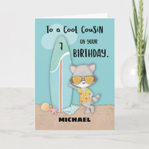 Leeftijd 7 Neef Birthday Beach Funny Cool Raccoon Kaart