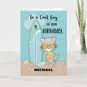 Leeftijd 9 Guy Birthday Beach Funny Cool Raccoon Kaart