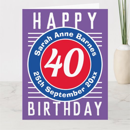 Leeftijd, naam en datum op een 40e verjaardag kaart (Voorkant)