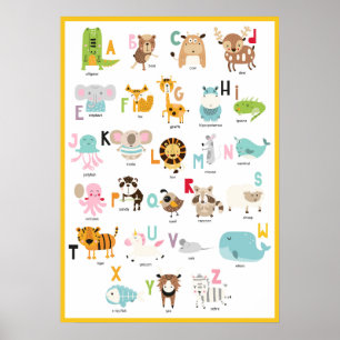 Leer de ABC's   Fun Oranje Yellow Animal Alphabet Poster