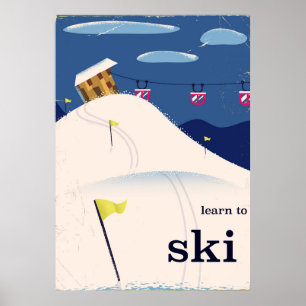 leer skiën vintage cartoon. poster