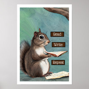 Lees, Schrijf, Herhaal Eekhoorn Leest een Boek Poster