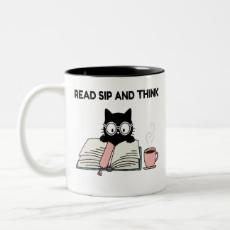 Lees, Slurp En Denk Schattige Kat Leest Boek & Kof Tweekleurige Koffiemok