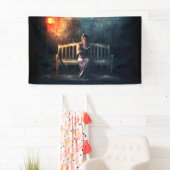 Leesboek vrouw in regen spandoek (Insitu)