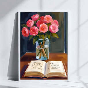 Leeshoek Roze Roos Bloemstuk Waterverf Poster