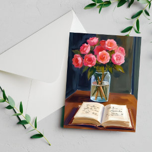 Leeshoek Roze Rozen Boeket Aquarel Kaart