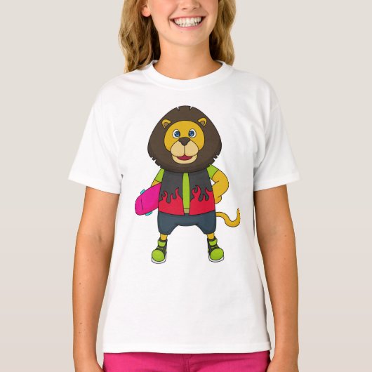Leeuw als Skater met skateboard T-shirt (Voorkant)