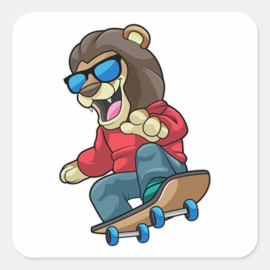 Leeuw als Skater met skateboard Vierkante Sticker (Voorkant)