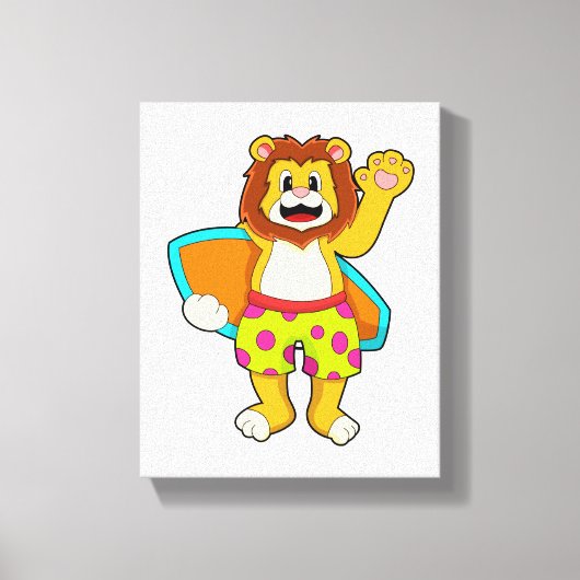 Leeuw als Surfer met surfboard Canvas Afdruk (Voorkant)