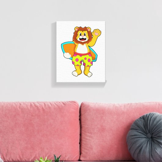 Leeuw als Surfer met surfboard Canvas Afdruk (Insitu (Woonkamer))