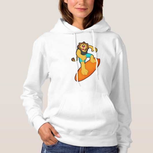 Leeuw als Surfer met surfboard Hoodie (Voorkant)