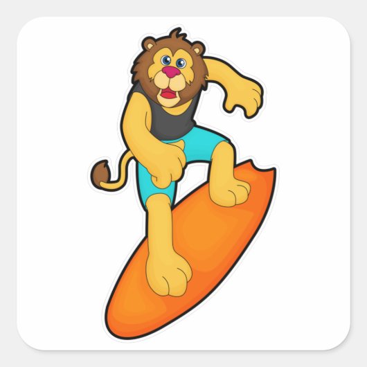 Leeuw als Surfer met surfboard Vierkante Sticker (Voorkant)