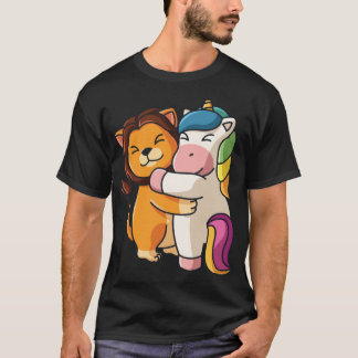 Leeuw die eenhoorn omhelst Knuffel Dieren retro T-shirt