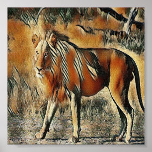 Leeuw die in de struiken loopt poster