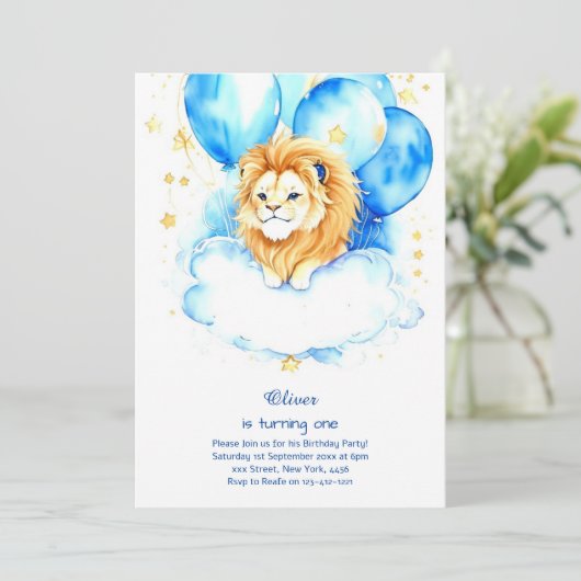 Leeuw eerste verjaardag uitnodiging (Staand voorkant)