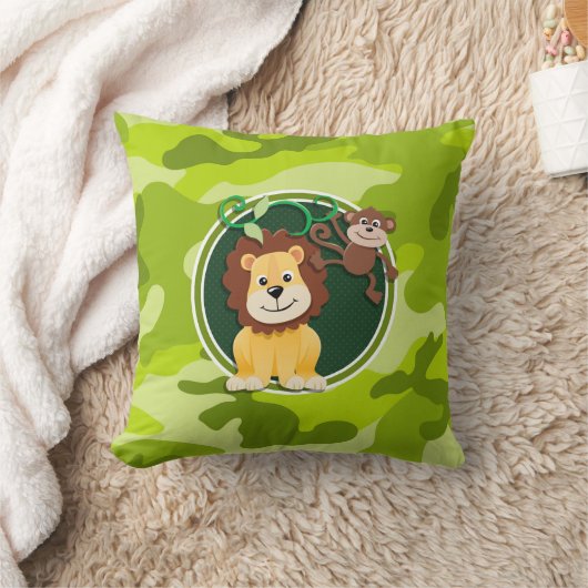 Leeuw en aap; felgroene camo, camouflage kussen (Deken)