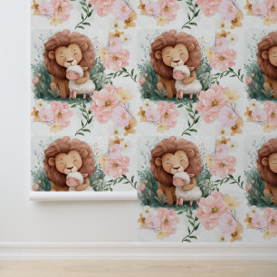 Leeuw en Baby Lam Illustratie voor Kinderkamer Behang