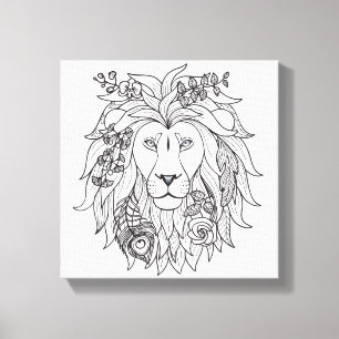 Leeuw en bloemen Doodle 6 Canvas Afdruk