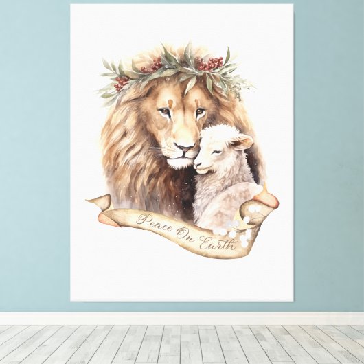Leeuw en Lam Kerstbord Canvas Afdruk (Insitu (Houten vloer))