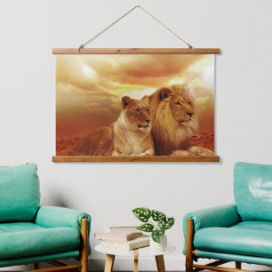 Leeuw en Leeuwin Houten Wandtapijt Hangend Wandkleed