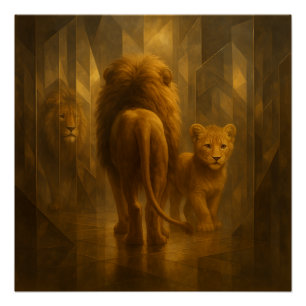 Leeuw en welp in een gouden spiegeldoolhof – GeoWi Perfect Poster