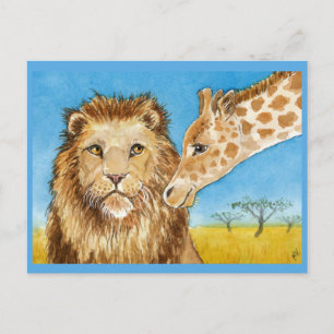 Leeuw, Giraffe, briefkaart van Afrikaanse dieren