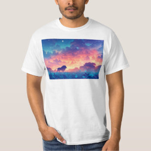 Leeuw in een veld van zonsondergangtinten t-shirt