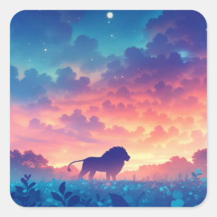 Leeuw in een veld van zonsondergangtinten vierkante sticker