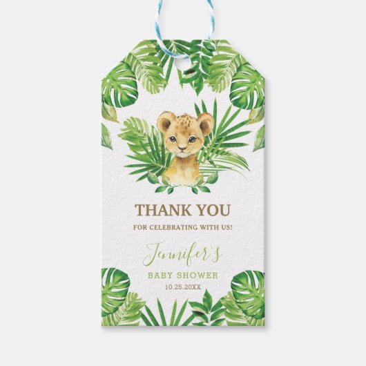 Leeuw Jungle Dieren Groenery Neutrale Baby Shower Cadeaulabel (Voorkant)