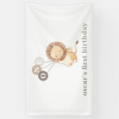 Leeuw met 3 bruine ballonnen 1e verjaardag spandoek (Verticaal)