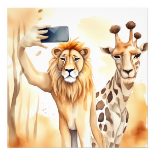 Leeuw nemen selfie met giraffe foto afdruk