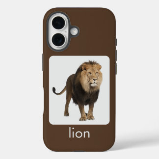 Leeuw op wit en bruin met tekst iPhone 16 hoesje