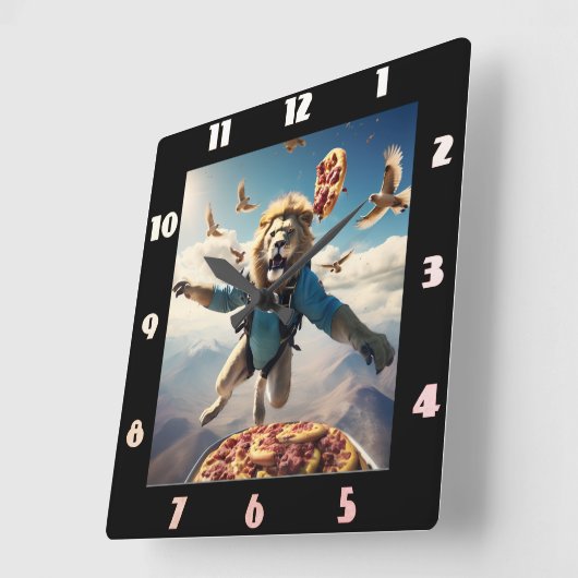 Leeuw skydiving met vogels en pizza vierkante klok (Hoek)