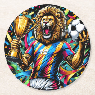 Leeuw Voetbal Kampioen Trofee Voetbal Overwinning Ronde Kartonnen Onderzetter