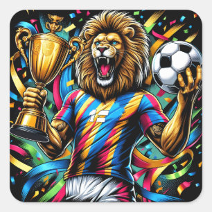Leeuw Voetbal Kampioen Trofee Voetbal Overwinning Vierkante Sticker