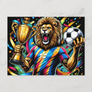 Leeuw Voetbal Kampioens Trofee Voetbal Overwinning Feestdagenkaart