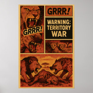 Leeuw vs Hyena – Comicpaneel met oorlogsgebied Poster