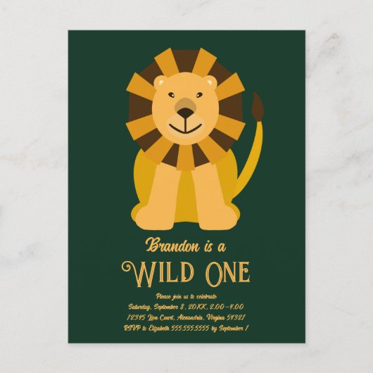 Leeuw Wilde Eerste Verjaardag Jungle Uitnodiging (Voorkant)