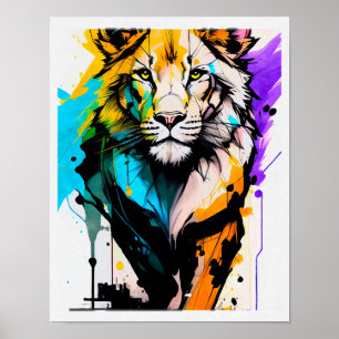 Leeuw zwart paars blauwe vormen lijnen verven plen poster