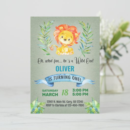 Leeuwen eerste verjaardag uitnodiging. kaart (Staand voorkant)