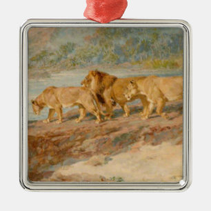 Leeuwen op de oever van een Afrikaanse rivier Metalen Ornament